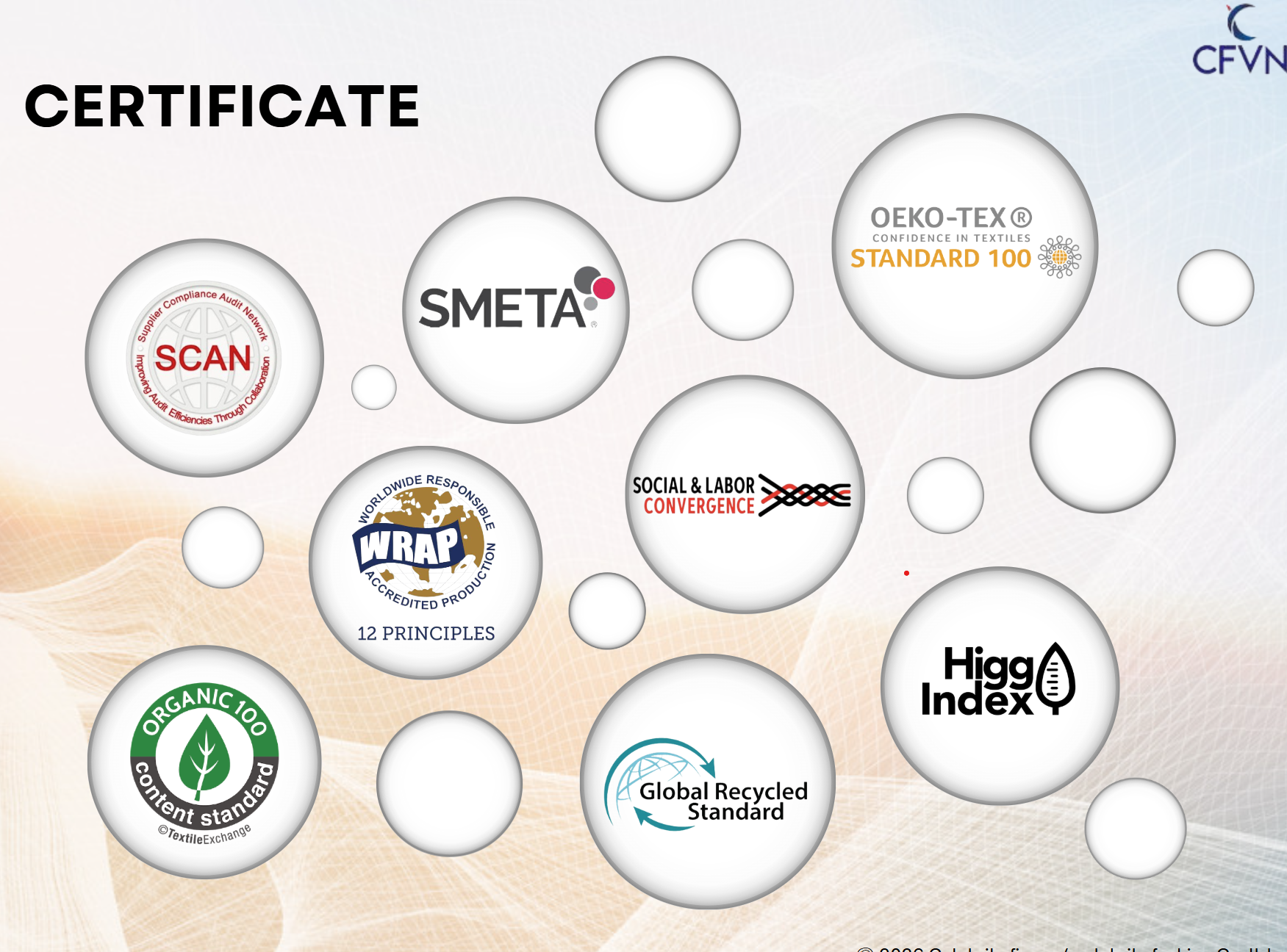 CFVN certification wall — OEKO-TEX, WRAP, GRS, Higg, SMETA, SCAN, SLCP, Organic 100